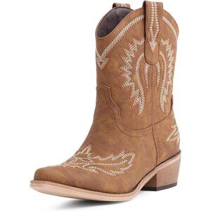Women's Brown-white Cowboy Exquisitely Embroidered Western-Style Mid-Heel Boots